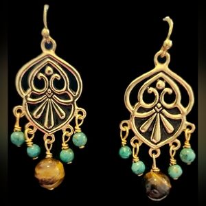 Barse Brass Smoky Tiger's Eye & Blue Magnesite Beaded Earrings